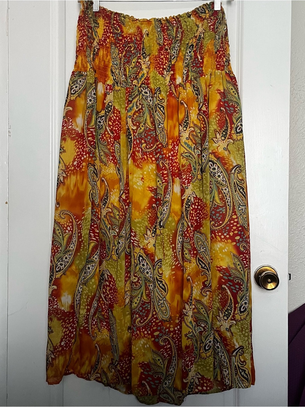 Smocked Waist Bohemian Maxi Skirt in Yellow and Red Paisley